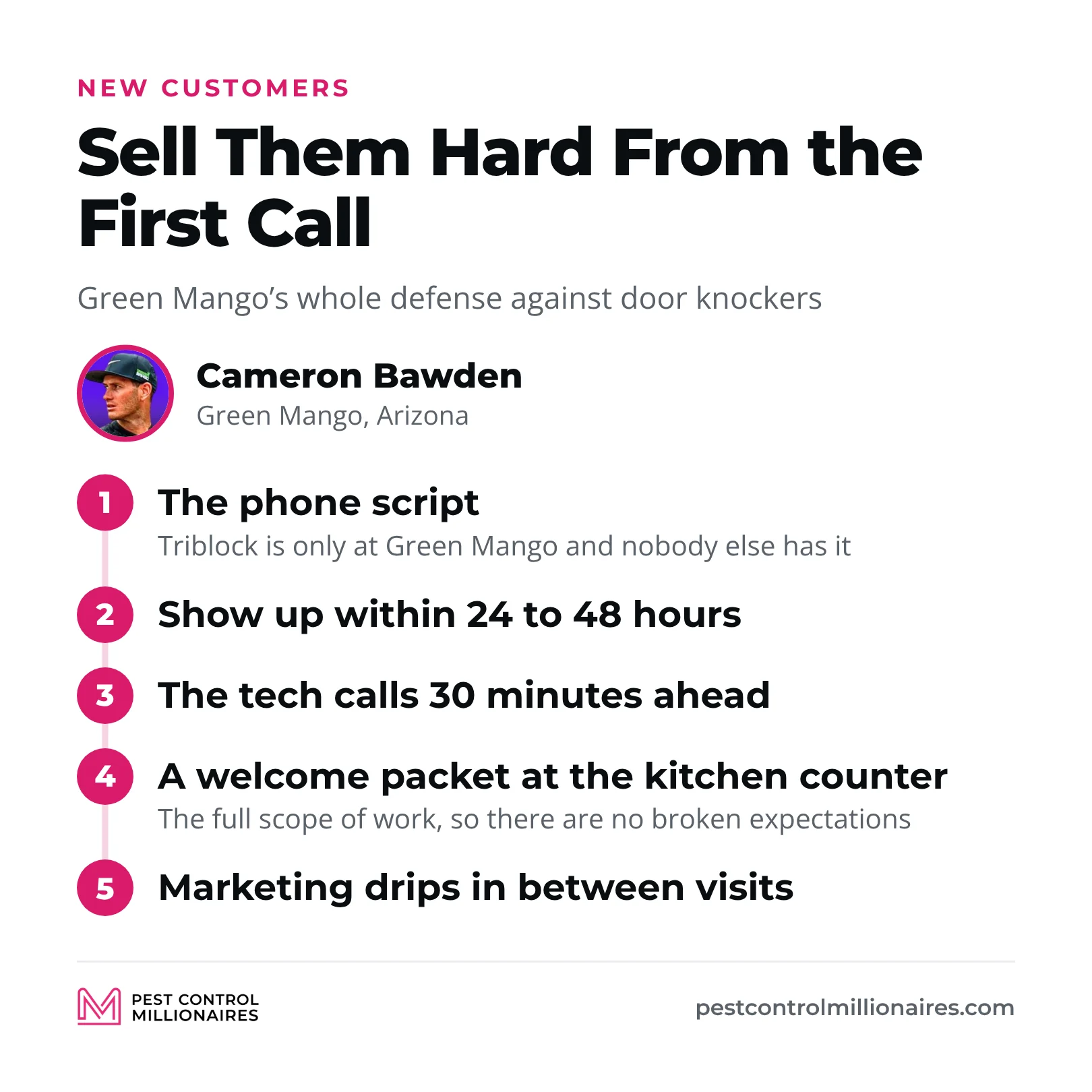 Green Mango sells new customers hard from the first call, with a phone script that says Triblock is only at Green Mango, a visit within 24 to 48 hours, a tech who calls 30 minutes ahead, a welcome packet at the kitchen counter and marketing drips between visits