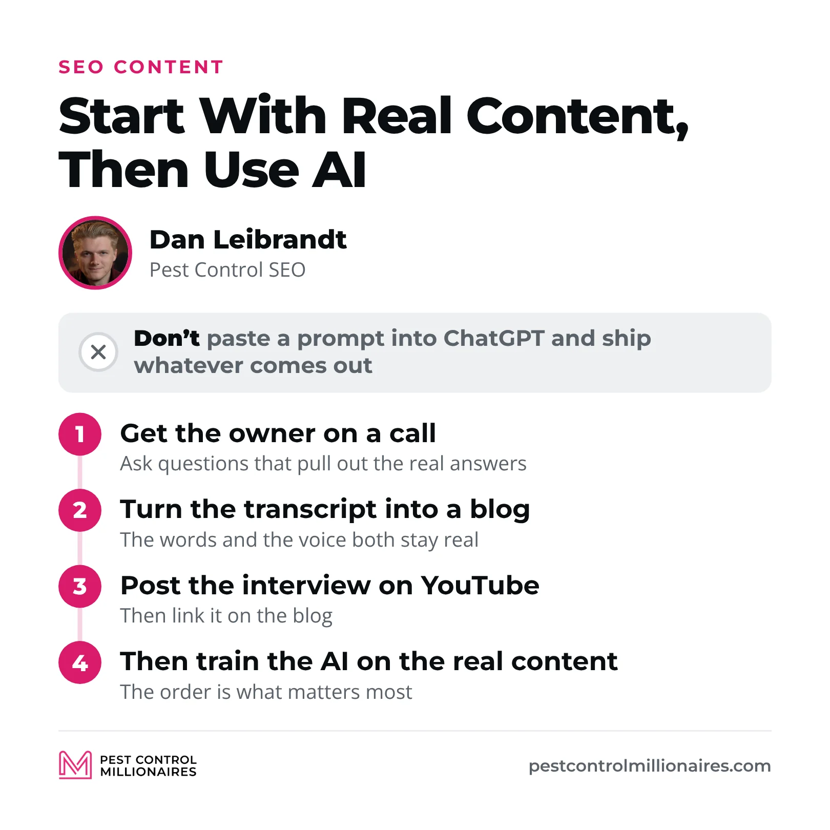 Dan Leibrandt’s order for content is to get the owner on a call, turn the transcript into a blog, post the interview on YouTube and link it on the blog, then train the AI on the real content, instead of pasting a prompt into ChatGPT and shipping whatever comes out