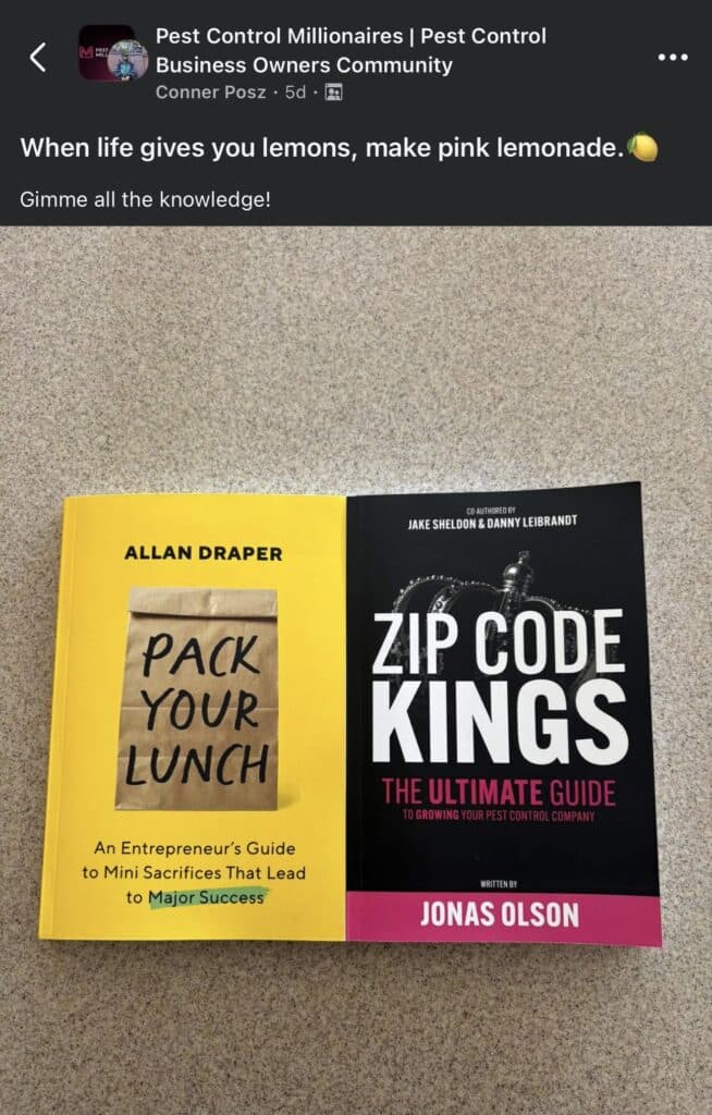 Zip Code Kings book reader testimonial from pest control owner