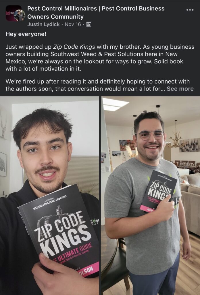 Reader showing their copy of Zip Code Kings pest control book