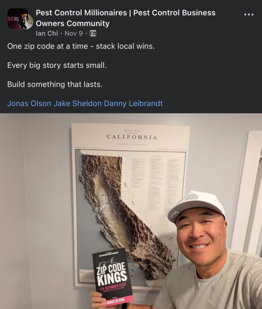Pest control company owner with Zip Code Kings book