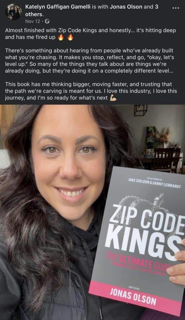 Facebook post testimonial for Zip Code Kings pest control book