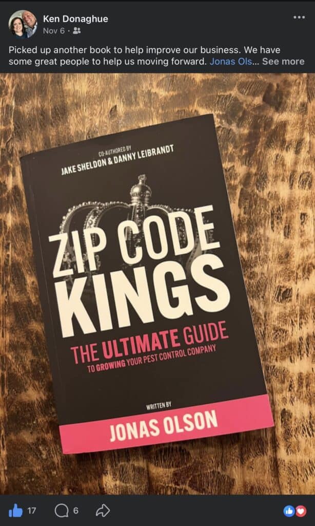 Zip Code Kings book testimonial from pest control industry reader