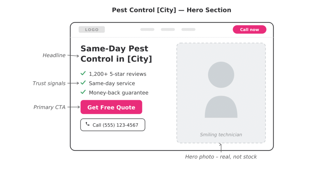 Annotated wireframe of a high-converting pest control landing page hero section with callouts for headline, social proof, CTA, and offer