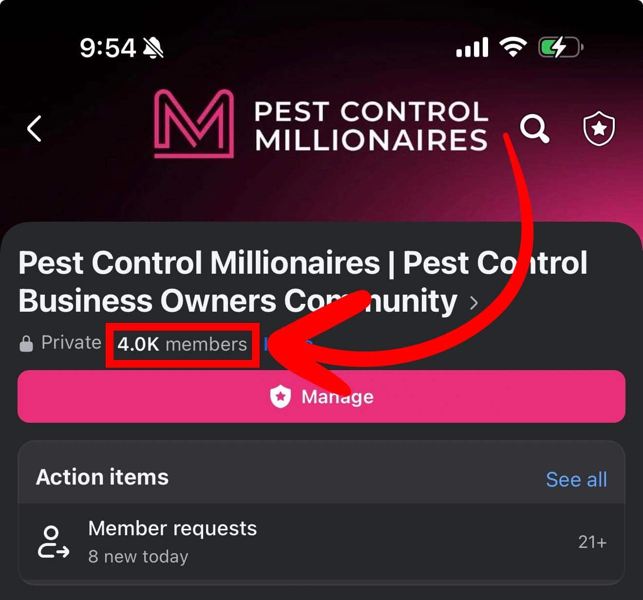 Screenshot of the private Pest Control Millionaires Facebook group "Pest Control Business Owners Community" with a red arrow highlighting its 4.0K members