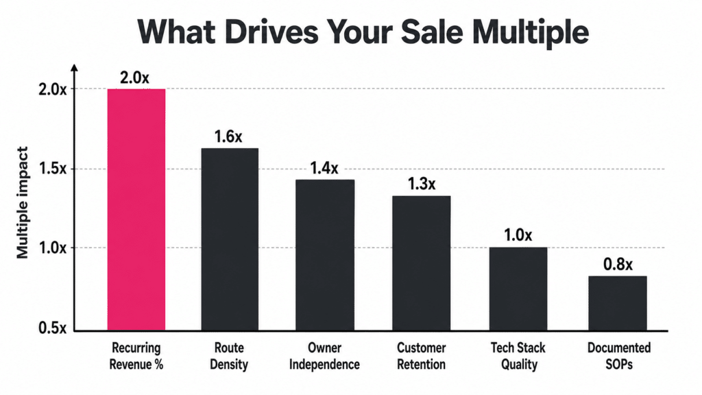Bar chart of pest control business sale multiple drivers — recurring revenue contracts deliver up to 2.0x multiple impact, customer concentration lowers it