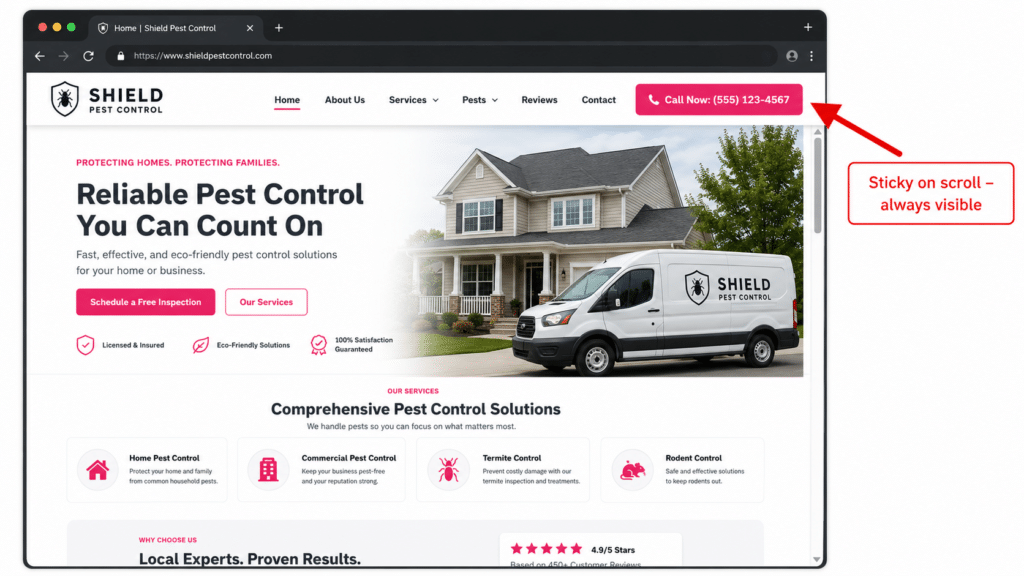 Mockup of a pest control landing page with a sticky header showing logo, phone number, and call-to-action button to maximize conversions