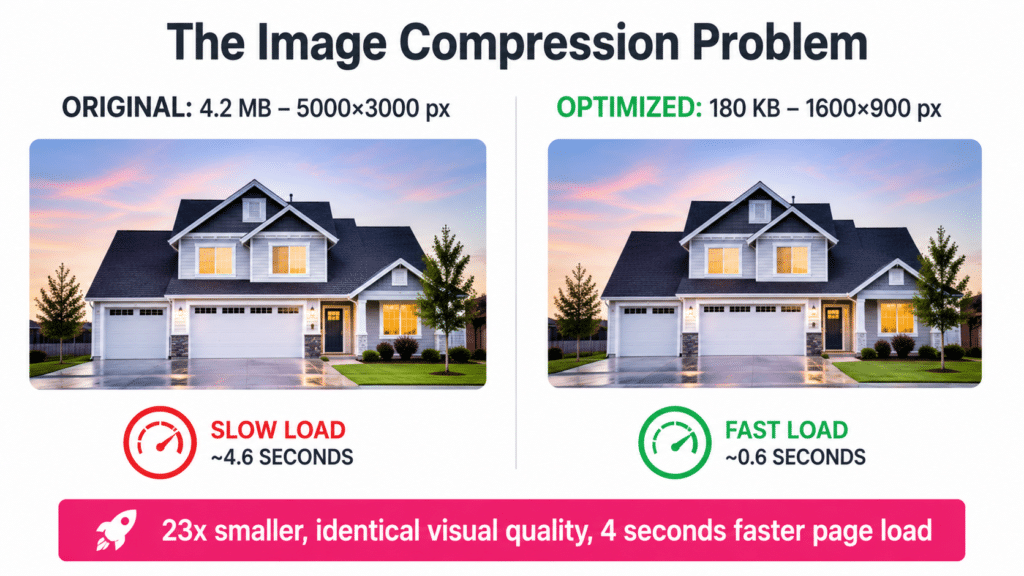 Comparison of pest control website page load speeds before and after image compression — 4.6 seconds slow load vs 0.6 seconds fast load, 23x smaller files
