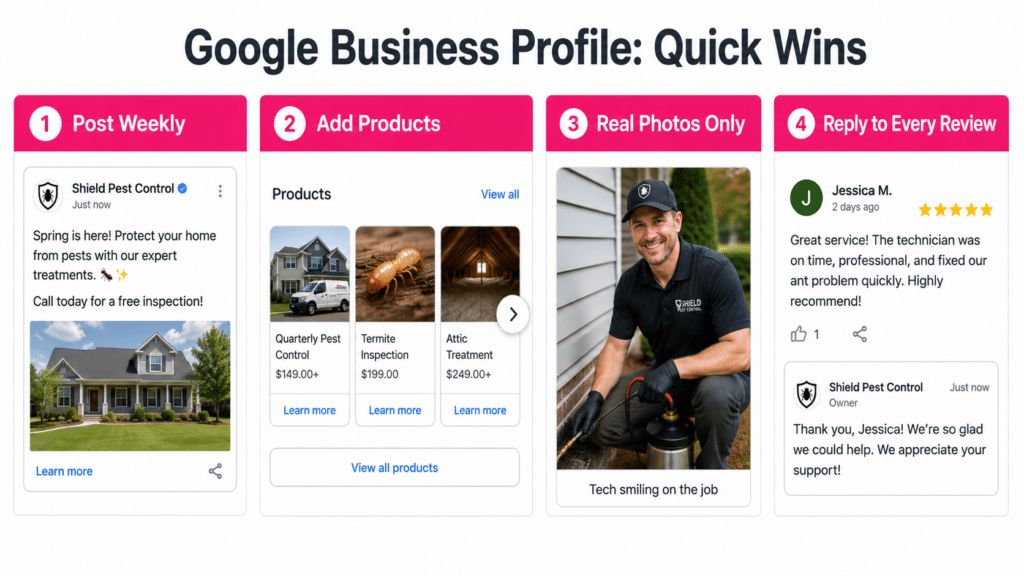 Four Google Business Profile quick wins for pest control companies — post weekly, add products, use real photos only, reply to every review