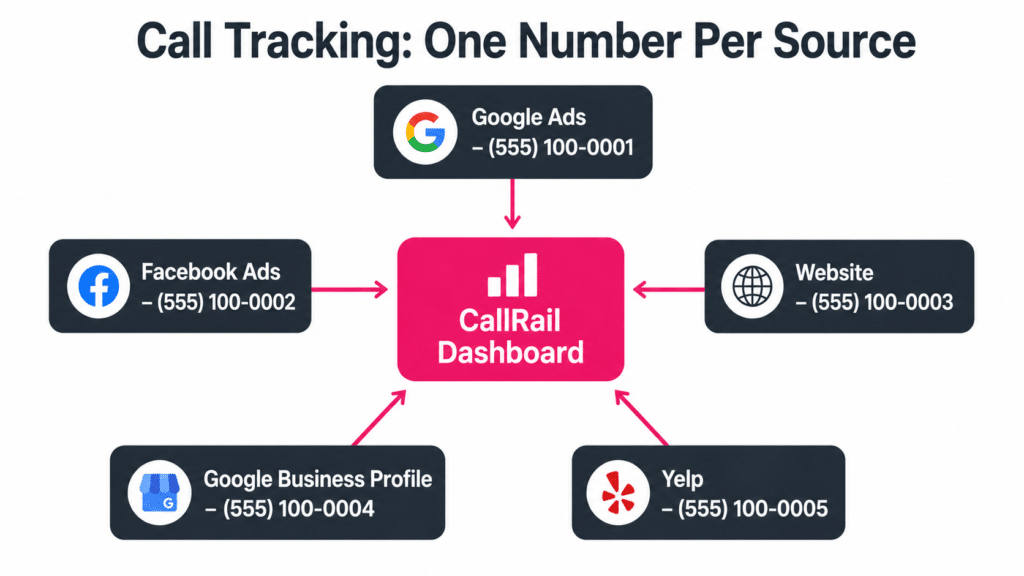 Diagram showing pest control call tracking setup with separate phone numbers for Google Ads, Facebook Ads, Website, Google Business Profile, and Yelp all routing to CallRail dashboard