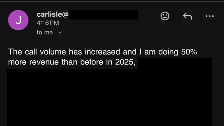 Screenshot of an email from a Pest Control Millionaires member (sender carlisle@, address redacted), sent at 4:16 PM. Visible message: The call volume has increased and I am doing 50% more revenue than before in 2025.