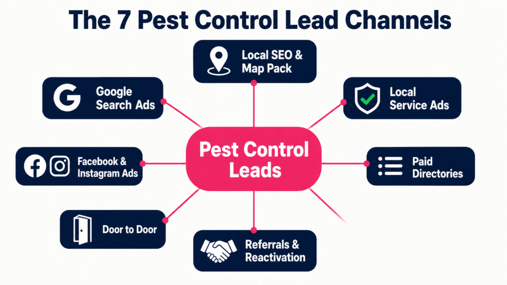 The 7 pest control lead channels hub-and-spoke infographic showing Local SEO, Google Search Ads, Local Service Ads, Facebook Ads, Paid Directories, Door to Door, and Referrals radiating from central Pest Control Leads badge