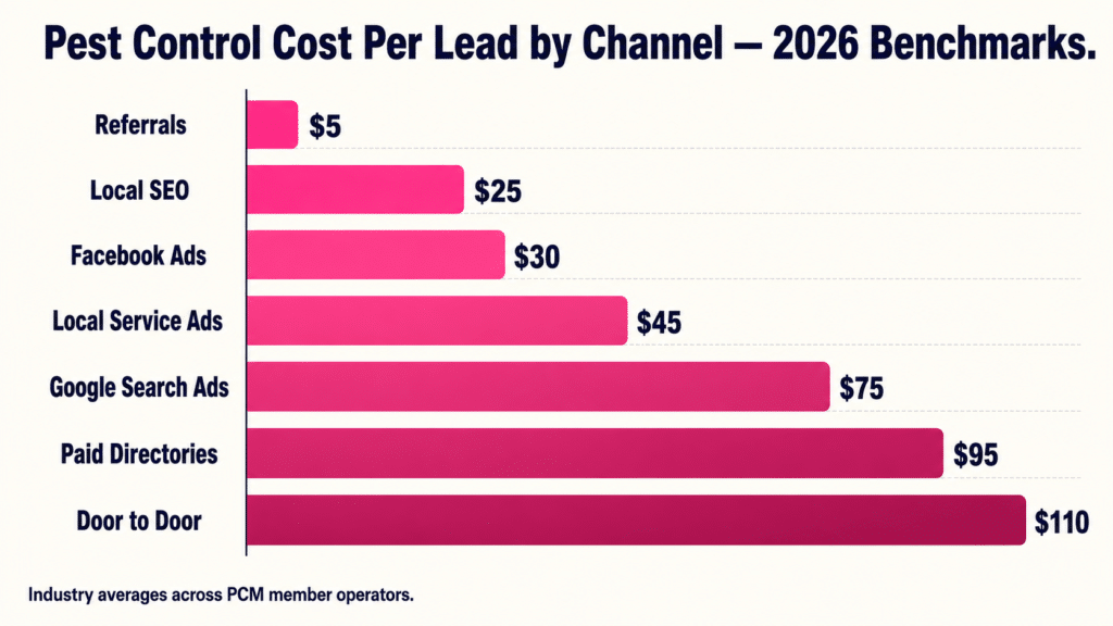 Pest Control Cost Per Lead by Channel - 2026 Benchmarks horizontal bar chart showing Referrals at $5, Local SEO $25, Facebook Ads $30, Local Service Ads $45, Google Search Ads $75, Paid Directories $95, and Door to Door $110