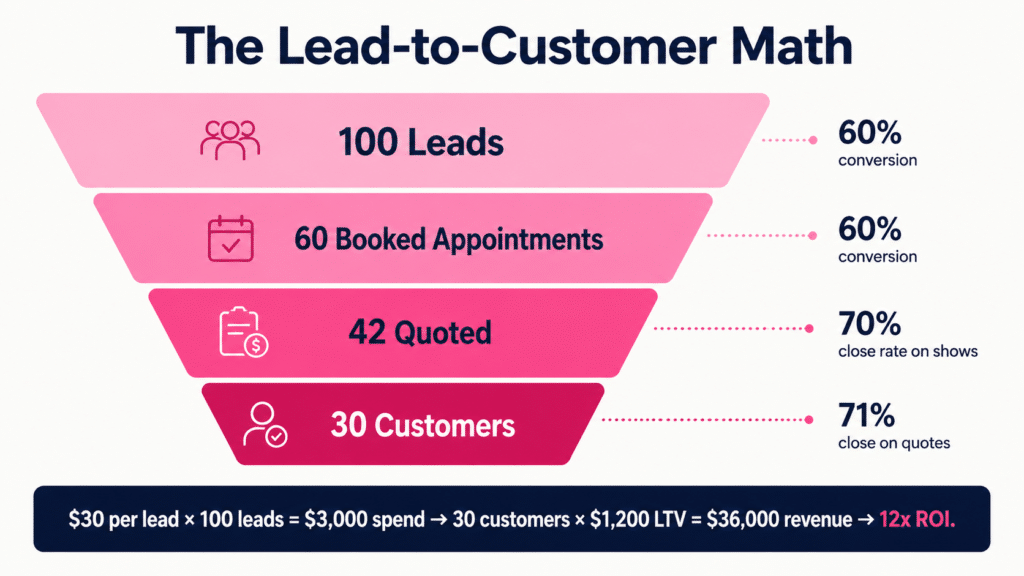 Lead-to-Customer Math funnel diagram showing 100 leads converting to 60 booked appointments to 42 quoted to 30 customers, with $30 per lead times 100 equals $3,000 spend to 30 customers times $1,200 LTV equals $36,000 revenue at 12x ROI