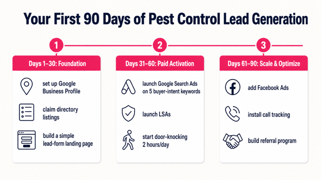 Your First 90 Days of Pest Control Lead Generation horizontal timeline with three milestones: Days 1-30 Foundation set up Google Business Profile claim directory listings build lead-form landing page, Days 31-60 Paid Activation launch Google Search Ads on 5 buyer-intent keywords launch LSAs start door-knocking 2 hours per day, Days 61-90 Scale and Optimize add Facebook Ads install call tracking build referral program