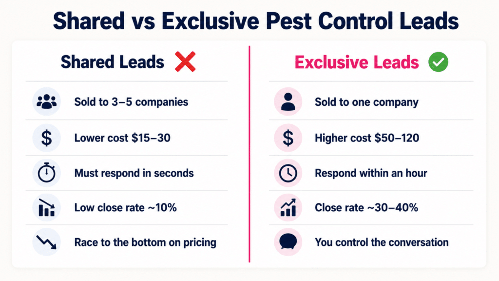 Shared vs Exclusive Pest Control Leads side-by-side comparison: Shared Leads sold to 3-5 companies, lower cost $15-30, must respond in seconds, low close rate around 10%, race to the bottom on pricing. Exclusive Leads sold to one company, higher cost $50-120, respond within an hour, close rate 30-40%, you control the conversation