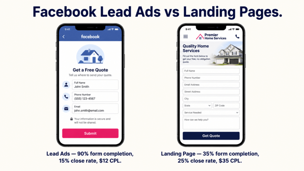 Facebook Lead Ads vs Landing Pages side-by-side mobile phone mockups: Left Facebook in-app lead form with pre-filled name phone email fields and Submit button, Lead Ads achieve 90 percent form completion 15 percent close rate $12 CPL. Right separate landing page with multiple fields and Get Quote button, Landing Page achieves 35 percent form completion 25 percent close rate $35 CPL