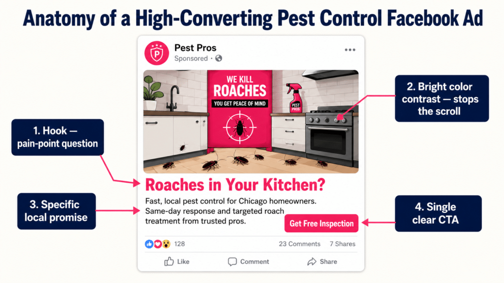 Anatomy of a High-Converting Pest Control Facebook Ad annotated diagram of a Pest Pros ad with Roaches in Your Kitchen headline and Get Free Inspection CTA, callout arrows pointing to: Hook pain-point question, Bright color contrast stops the scroll, Specific local promise, Single clear CTA