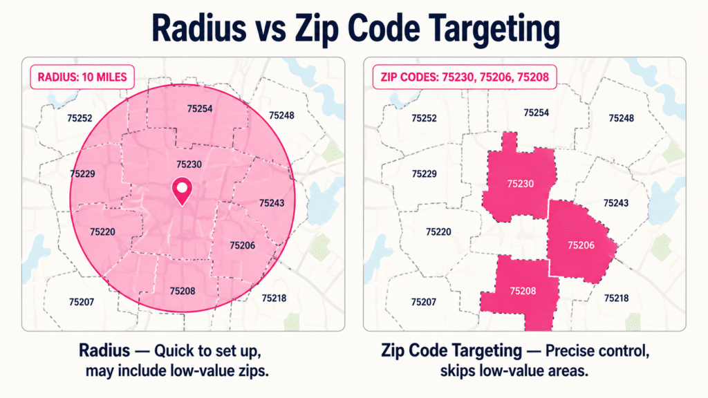 Radius vs Zip Code Targeting side-by-side map comparison: Left radius targeting 10 miles centered on a pin bleeding across multiple zip codes labeled Radius - Quick to set up may include low-value zips. Right zip code targeting with three specific zip codes 75230 75206 75208 individually filled in pink labeled Zip Code Targeting - Precise control skips low-value areas
