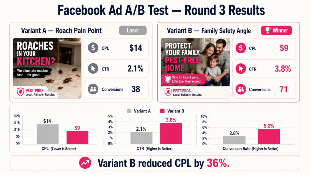 Facebook Ad A/B Test Round 3 Results dashboard mockup comparing two variants for pest control: Variant A Roach Pain Point marked Loser with CPL, 2.1 percent CTR, 38 conversions. Variant B Family Safety Angle marked Winner with CPL, 3.8 percent CTR, 71 conversions. Bar chart below compares the two variants across CPL CTR and Conversion Rate. Summary: Variant B reduced CPL by 36 percent