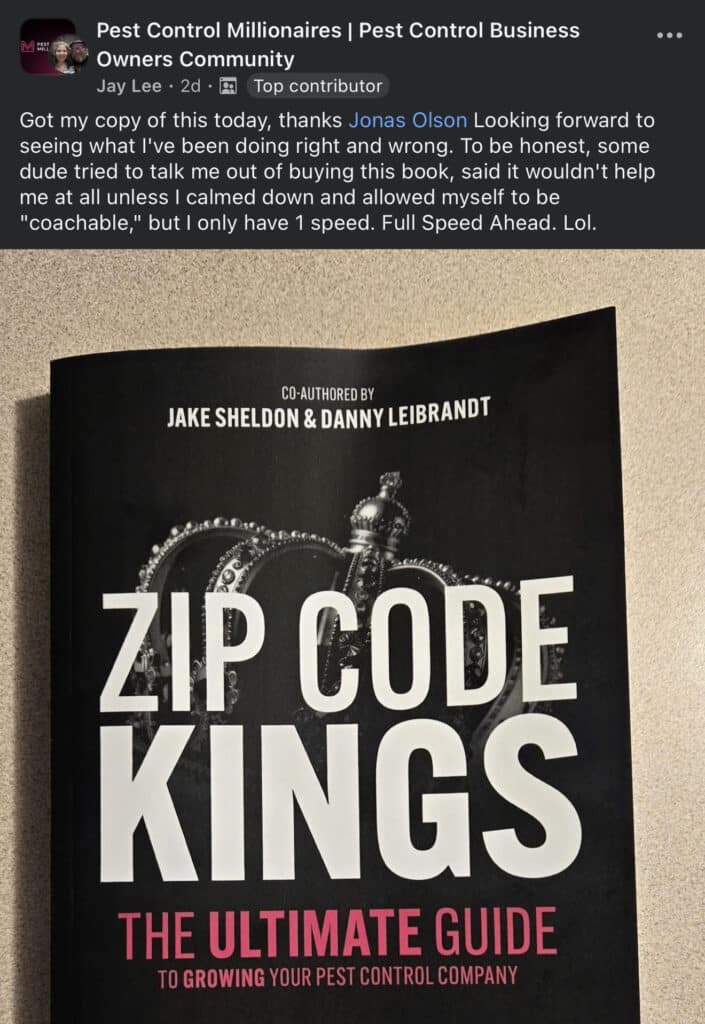 Pest control business owner holding Zip Code Kings book to grow their company